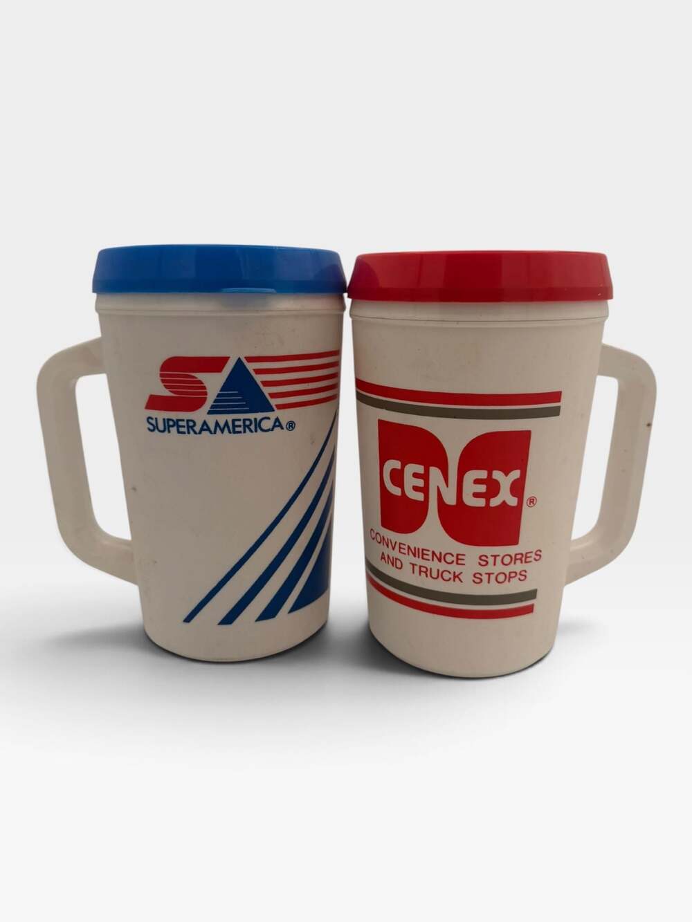 Vintage Aladdin SuperAmerica and Cenex Plastic Insulated Travel Mugs Set of 2